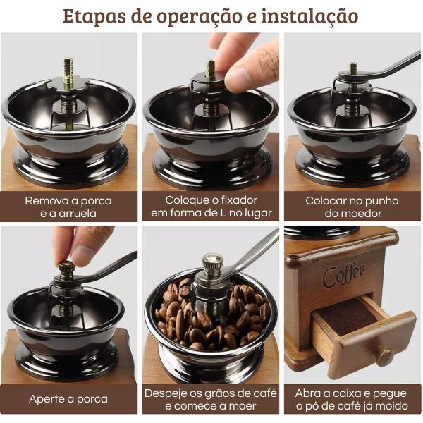 Imagem de Manual Moedor De Café Madeira Vintage Cerâmica Manivela Mão