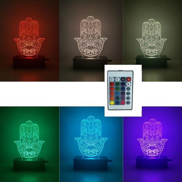 Mão de Fátima Olho Grego Luminária led 16 cores - Avelar Criações Imagem de Mão de Fátima Olho Grego Luminária led 16 cores