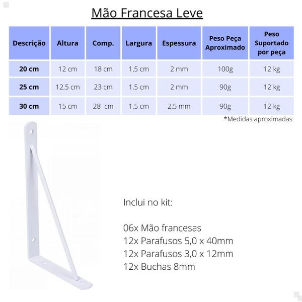 Imagem de Mão Francesa Suporte Prat. 30cm 6 Unidades + Parafusos + Buchas