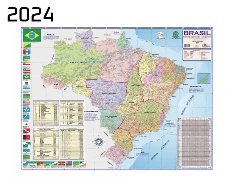 Imagem de Mapa Do Brasil Político Estatístico Rodoviário Atualizado 120 X 90 cm + Alfinetes