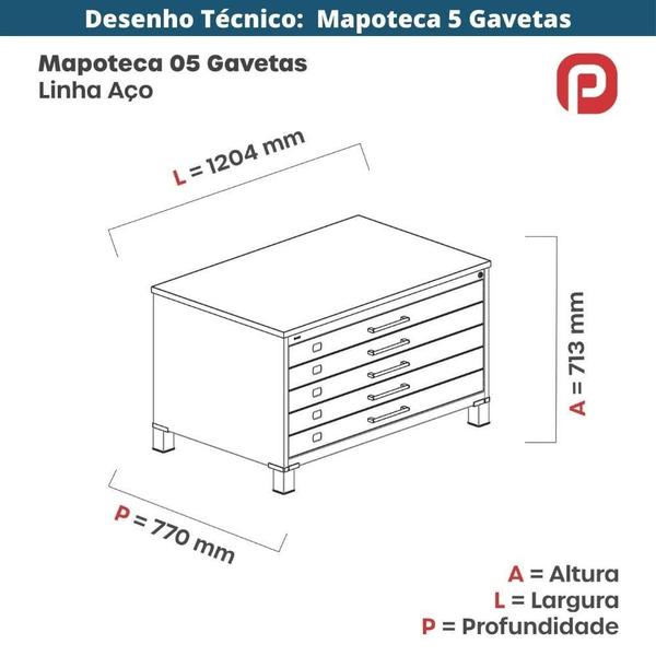 Imagem de Mapoteca 5 Gavetas Pandin 120 cm (Larg) Inmetro Tampo MDP Cinza Estrutura Aço Cinza Gavetas Brancas