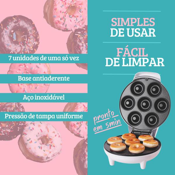 Maquina de Fazer Donuts Mini Rosquinhas Antiaderente Gourmet c/ 7 furos Confeitaria 110V e 220V - Hyllis Donut Maker Imagem de Maquina de Fazer Donuts Mini Rosquinhas Antiaderente Gourmet c/ 7 furos Confeitaria 110V e 220V