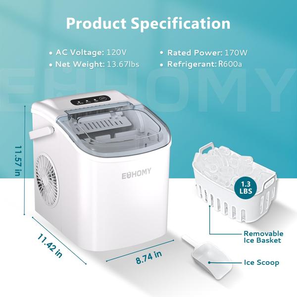 Imagem de Máquina de fazer gelo de bancada EUHOMY 26 libras/dia 9 cubos de gelo em 6 min