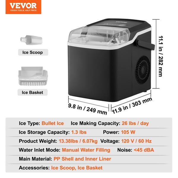 Imagem de Máquina de fazer gelo VEVOR Countertop 12kg/24h, autolimpante com colher