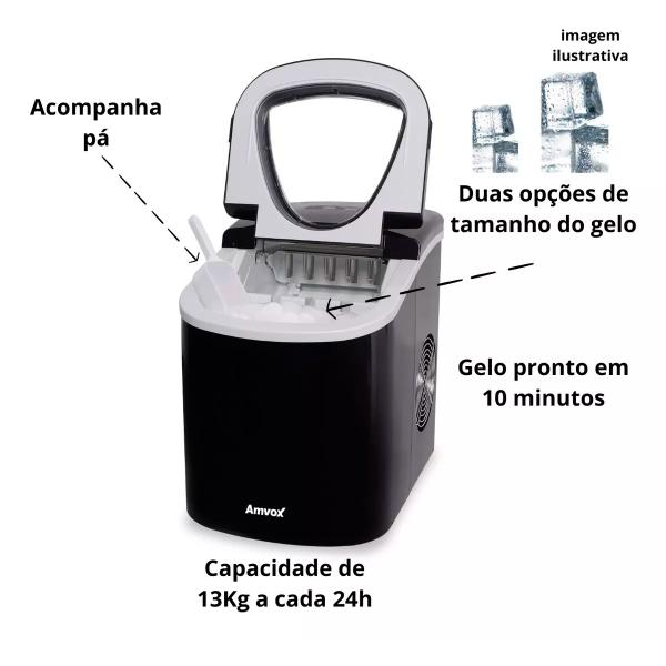 Máquina de Gelo Amvox AMG 113 1400w Gelo em 10 min Capacidade 13 kg/24 horas 2 Opções de Tamanho Gelo 110v ou 220v Imagem de Máquina de Gelo Amvox AMG 113 1400w Gelo em 10 min Capacidade 13 kg/24 horas 2 Opções de Tamanho Gelo 110v ou 220v