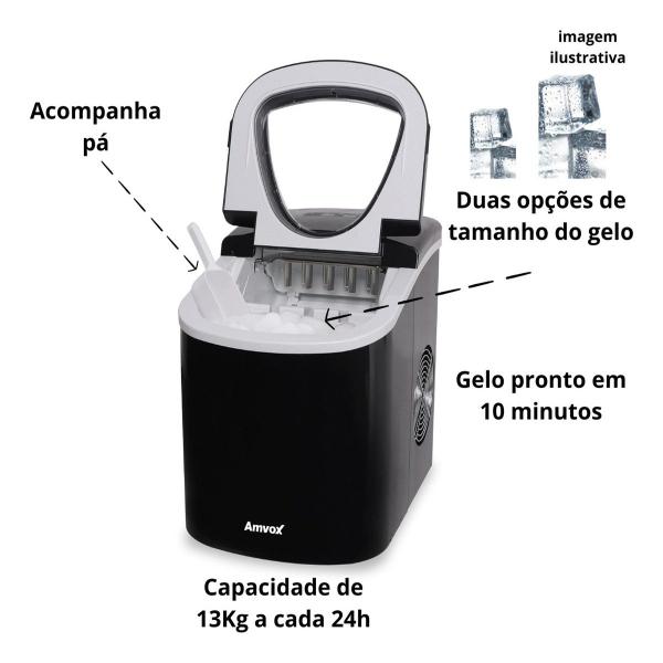 Máquina de Gelo em Cubo Portátil 13kg/24h 1400W Caseira Rápido Preta 110V Amvox Amg 113 127V Imagem de Máquina de Gelo em Cubo Portátil 13kg/24h 1400W Caseira Rápido Preta 110V Amvox Amg 113 127V