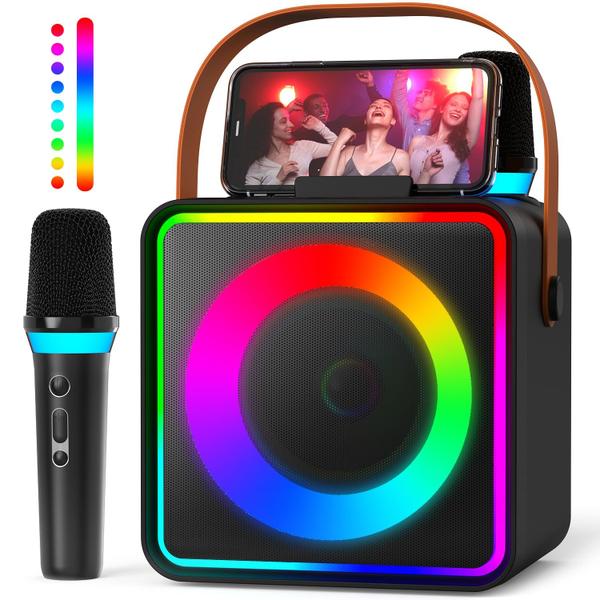 Imagem de Máquina de karaokê com 2 microfones sem fio, alto-falante Bluetooth portátil para adultos e crianças com luzes LED, microfone de karaokê compatível com cartão TF/USB, TWS, ideia de presente para festa de aniversário em casa, preta