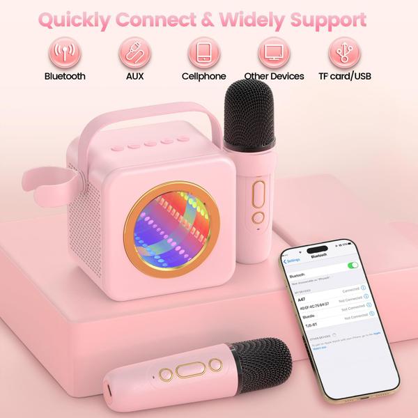 Imagem de Máquina de karaokê XWIT Mini com 2 microfones sem fio rosa