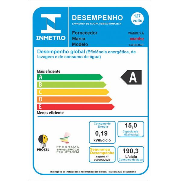 Imagem de Máquina de Lavar Wanke 15Kg Premium Plus Semi-Automática 127V