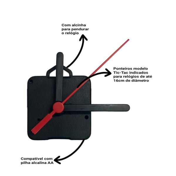 Imagem de Máquina de Relógio Tic Tac Quartz de Parede 13mm com Ponteiros Palito 10cm Preto