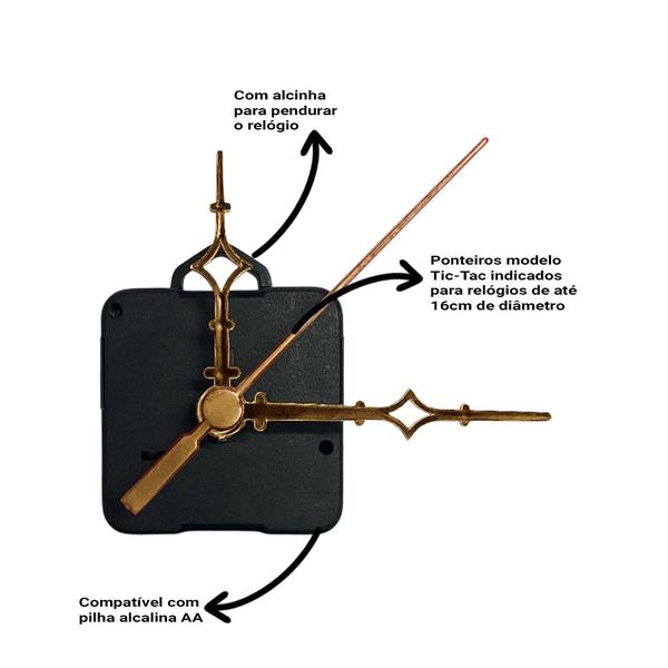 Imagem de Máquina de Relógio Tic Tac Quartz de Parede 13mm com Ponteiros Universal 6,5cm Número Romano Ouro