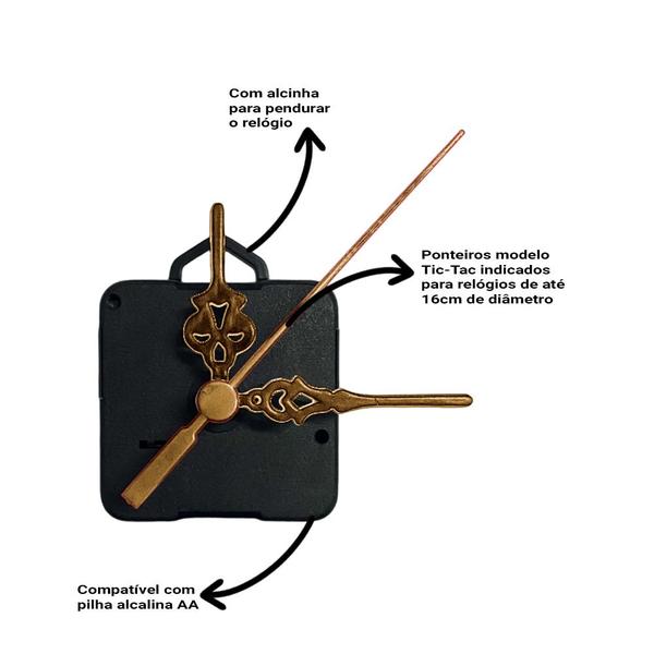 Imagem de Máquina de Relógio Tic Tac Quartz de Parede 16,5mm com Ponteiros Colonial 5,5cm Ouro