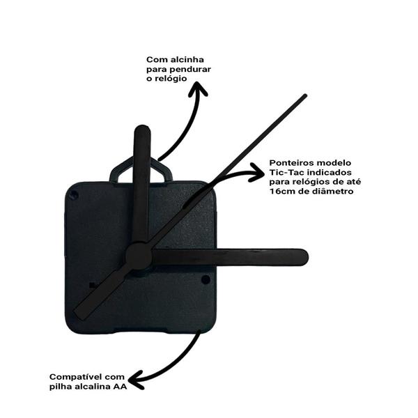 Imagem de Máquina de Relógio Tic Tac Quartz de Parede 16,5mm com Ponteiros Palito 10cm e Número Todo Preto