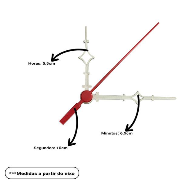 Imagem de Máquina de Relógio Tic Tac Quartz de Parede 16,5mm com Ponteiros Universal 6,5cm Branco Vermelho