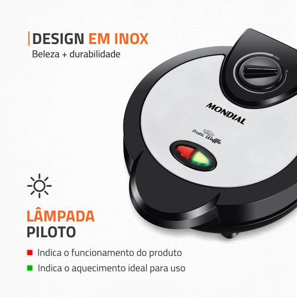 Máquina de Waffle antiaderente 1200W Grill Pratic Waffle - GW-01 - Mondial Imagem de Máquina de Waffle antiaderente 1200W Grill Pratic Waffle - GW-01 - Mondial