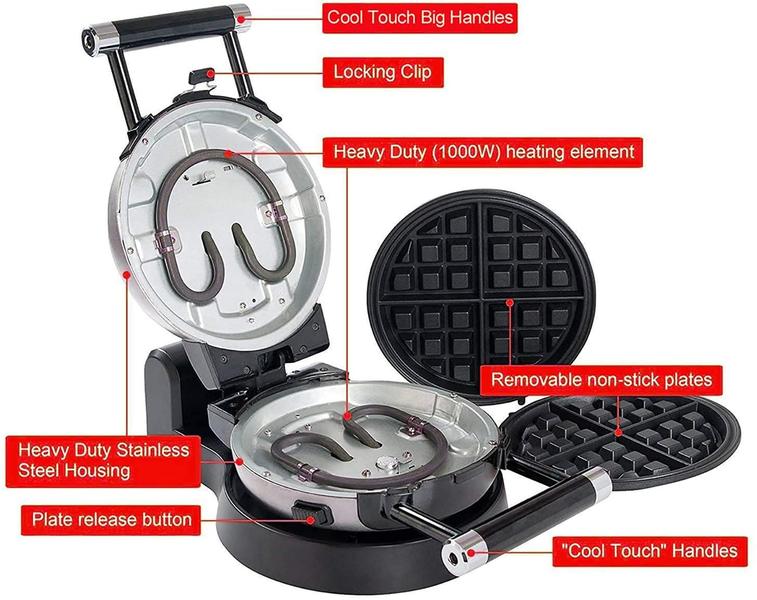 Imagem de Máquina de waffles 3 em 1 Health and Home, fabricante de omeletes, máquina de waffle de ovo, 3 assadeiras antiaderentes removíveis, máquina de waffles belga giratória 360 atualizada