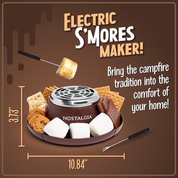 Imagem de Máquina elétrica interna S'mores de aço inoxidável Nostalgia MyMini com 4 bandejas de compartimento para biscoitos Graham, chocolate, marshmallows e 2 garfos para assar, sem chama