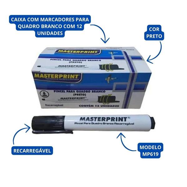 Imagem de Marcador Para Quadro Branco Recarregável Preto MP619 Caixa C/12 Unidades - Masterprint