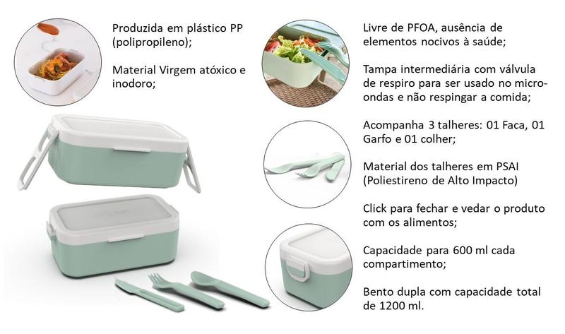 Imagem de Marmita Bento box dupla 2 pote 1200 ml com talheres lancheira trava