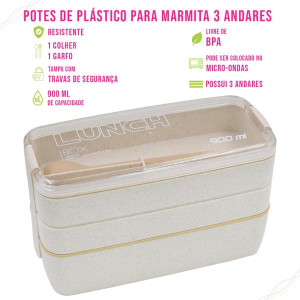 Imagem de Marmita Ecologica Etilo Japonesa (Bento) Com 3 Compartimentos e Talheres 900ml - Refeição, Treino