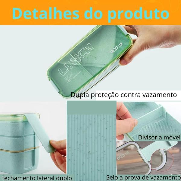 Imagem de Marmita lancheira Fitness 3 Divisórias Bento 900ml Colher Garfo e faca