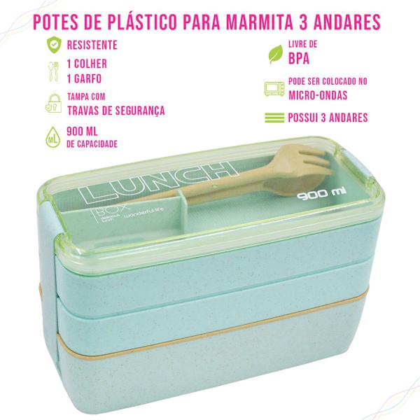 Imagem de Marmita Lancheira Porta Alimenteos Japonesa (Bento) Com 3 Compartimentos e Talheres 900ml