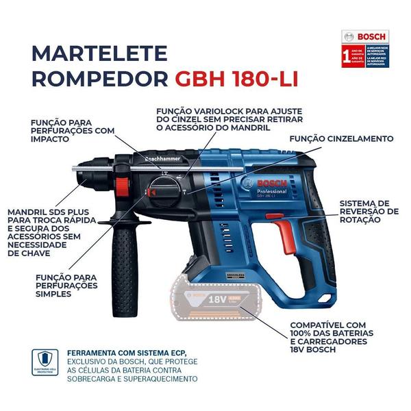 Imagem de Martelete 18V Bosch Gbh180-Li Brush S/ Bat + Alicate Brocas