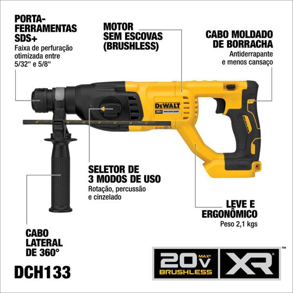 Imagem de Martelete Comb Dewalt DCH133BB3 Brush 20v + 2Bat 4,0Ah e kit