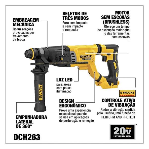 Imagem de Martelo Perfurad 20V DeWalt DCH263B Brush 1Bat 4Ah e carreg