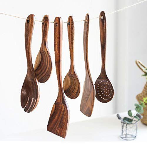 Imagem de Mary Paxton Teak Kitchen Utensils, Colher de Arroz de Madeira Sopa de Panela Colher De Panela Antiaderente Pan Panelas Ferramentas de Talheres Artesanais (colher de refeição(7.08X3.15in))