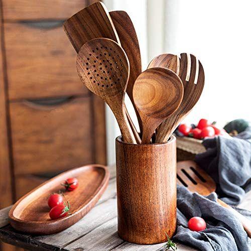 Imagem de Mary Paxton Teak Kitchen Utensils, Colheres de Madeira Kitchenware Tempering Scoop Dipping, Colher de Arroz refeição, Sopa Antiaderente Pan Panelas Ferramentas de Talheres Artesanais (Colher de Tempero (9.25x2.76in))