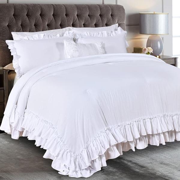 Imagem de Masaca White Ruffled Comforter Set Queen, Lightweight Farmhouse Shabby Boho Chic White Bedding, Ultra Soft Fluffy Washed Microfiber Bed Comforter Set 3 Piece (1 Edredom Branco + 2 Travesseiros de babados)