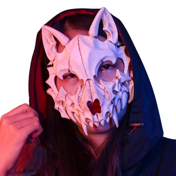 Imagem de Máscara De Caveira Lobo Fantasia Festa Halloween Cosplay Guerreiro Samurai Cachorro Esqueleto Caveira Branca