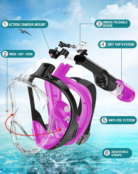 Imagem de Máscara de snorkel Greatever Full Face com sistema respiratório de topo seco