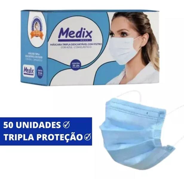 Imagem de Máscara Tripla Descartável Medix Azul C/50un