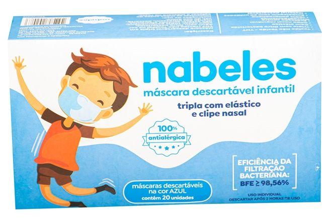 Imagem de Máscara Tripla Infantil Azul Nabeles 100% Antialérgica Com Clipe Nasal 20 Unidades