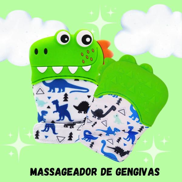 Imagem de Massageador De Gengiva Borracha Luvinha Dinossauro Verde Bebe Castela