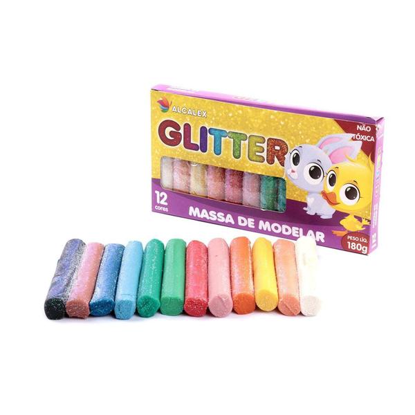 Imagem de Massinha de modelar com glitter 12 Cores 180g escolar papelaria multiuso