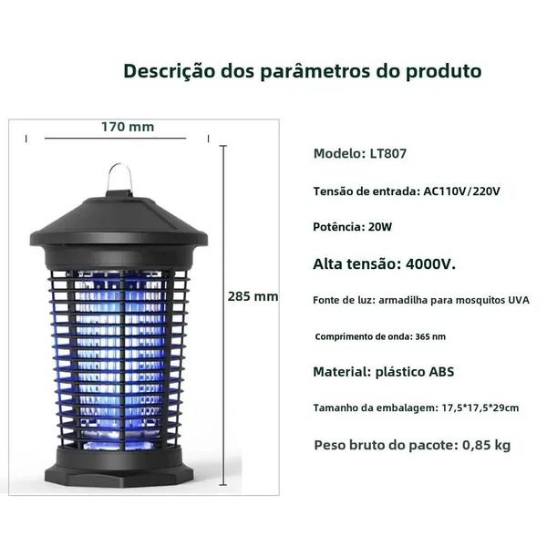 Imagem de Mata-Mosquitos Elétrico 20W à Prova d'Água - 4000V - Armadilha para Jardim