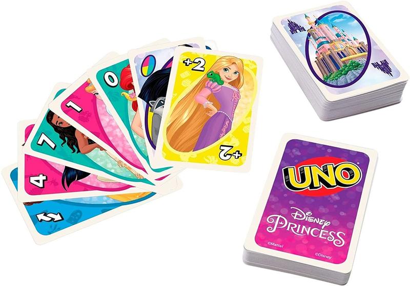 Imagem de Mattel Games UNO Disney Princesses Matching Card Game, 112 Cartas com Wild Card exclusivo & Instruções para Jogadores 7 Anos e Mais Velhos, Gift for Kid, Family & Adult Game Night (GYY69)