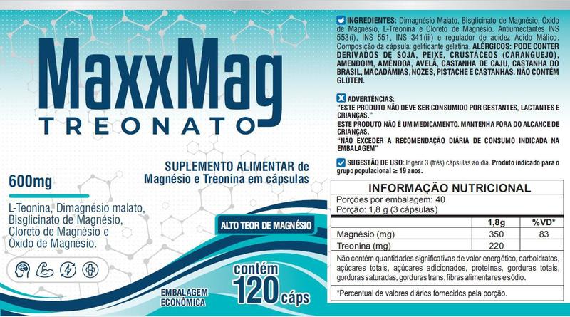 Imagem de Maxxmag 5 Magnésio L-treonato Dimalato Quelato Cloreto Óxido