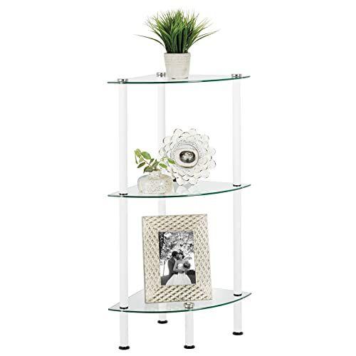 Imagem de MDesign Home Floor Storage Corner Tower, 3 Tier Open Glass Shelves - Compact Shelving Display Unit - Multi-Use Home Organizer for Bath, Office, Bedroom, Living Room - White/Clear