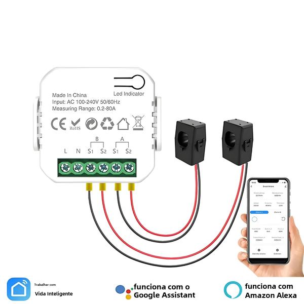 Imagem de Medidor de Energia WiFi Bidirecional 80A - 2 Canais - Tuya/Smart Life - Monitoramento de Energia Solar