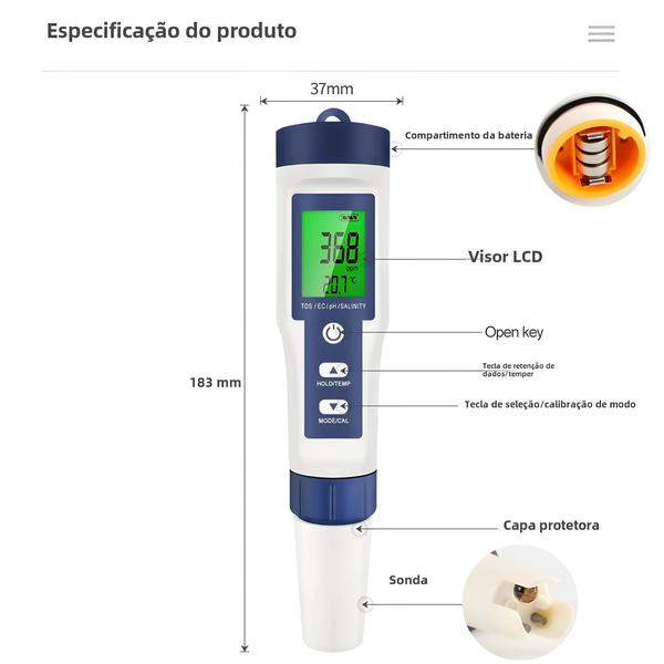 Imagem de Medidor Digital 5 em 1 de Qualidade da Água - TDS, EC, PH, Salinidade e Temperatura para Piscinas