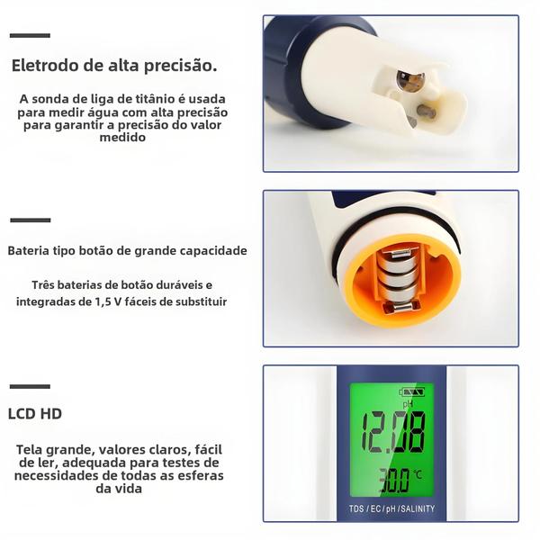 Imagem de Medidor Digital 5 em 1 de Qualidade da Água - TDS, EC, PH, Salinidade e Temperatura para Piscinas