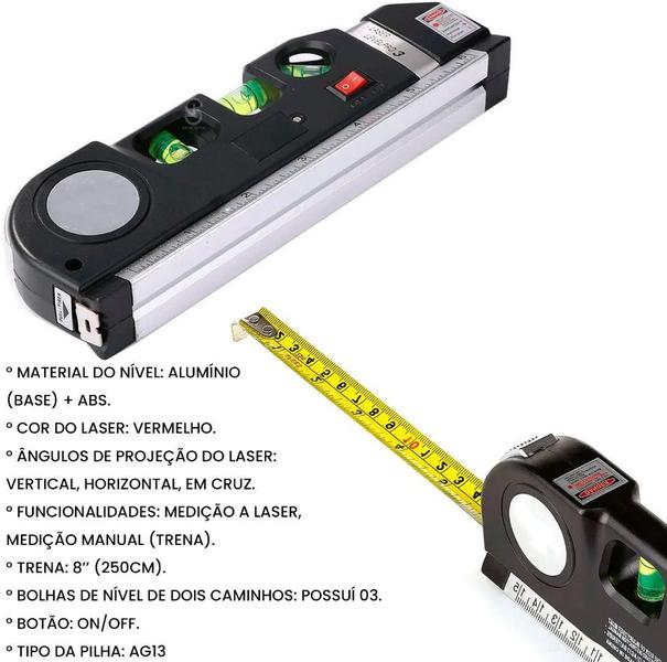 Imagem de Medidor Nivel A Laser Profissional 4 em1 Nivelador Prumo 3 Linhas Régua Trena Vertical Horizontal