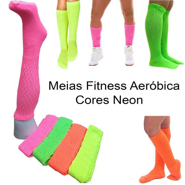 Imagem de Meia Aeróbica Fitness Academia 3/4 Cano Longo Neon: Kit 2 Pares Sortidos