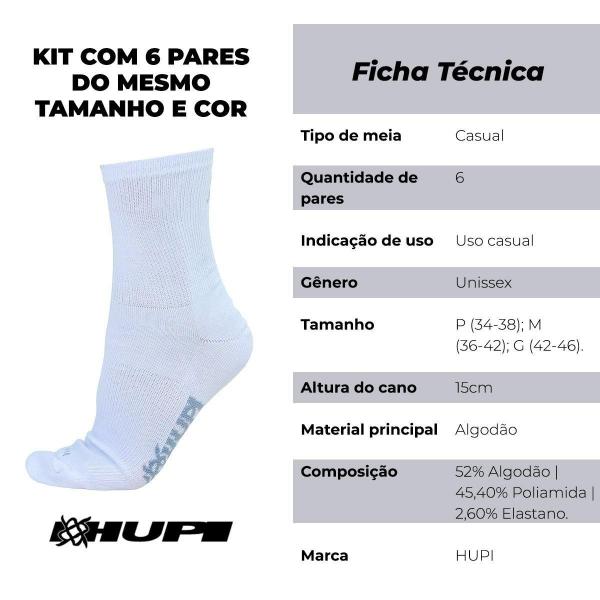 Imagem de Meia HUPI Casual Cano Longo Algodão Branco G - Kit 06 Pares