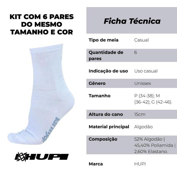 Imagem de Meia HUPI Casual Cano Longo Algodão Branco P - Kit 06 Pares