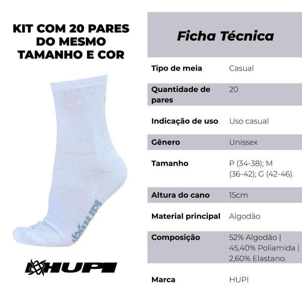 Imagem de Meia HUPI Casual Cano Longo Algodão Branco P - Kit 20 Pares